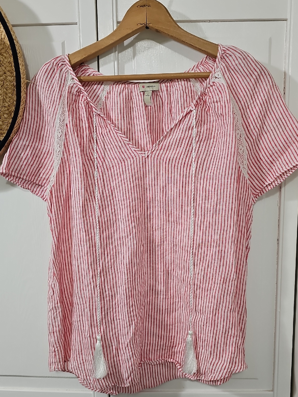 Daniel Cremieux  100% Linen Red and White Striped Tassel Peasant Blouse. Size Sm